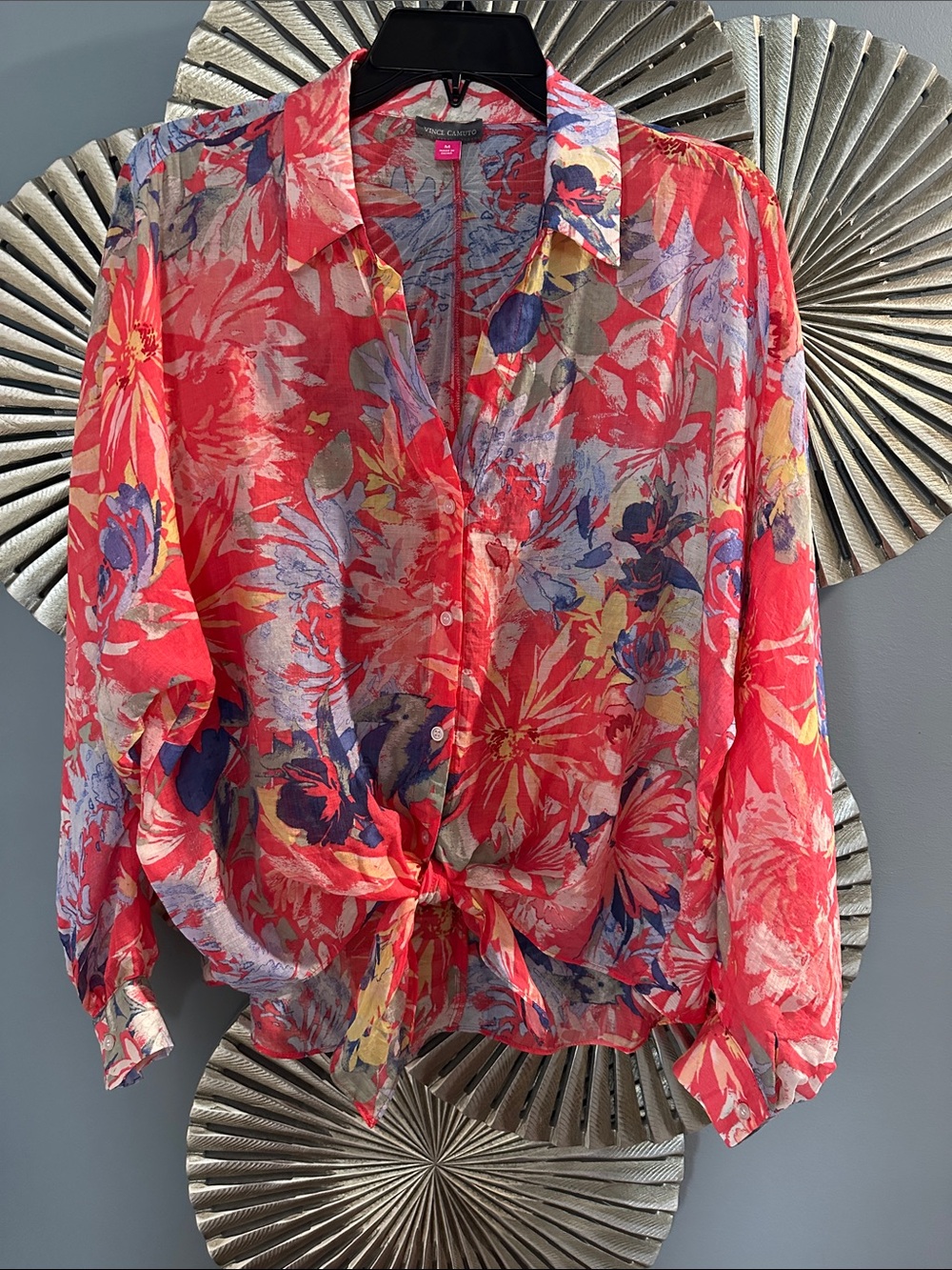 Vince Camuto Coral Multi Floral Tie-Front Sheer Blouse
